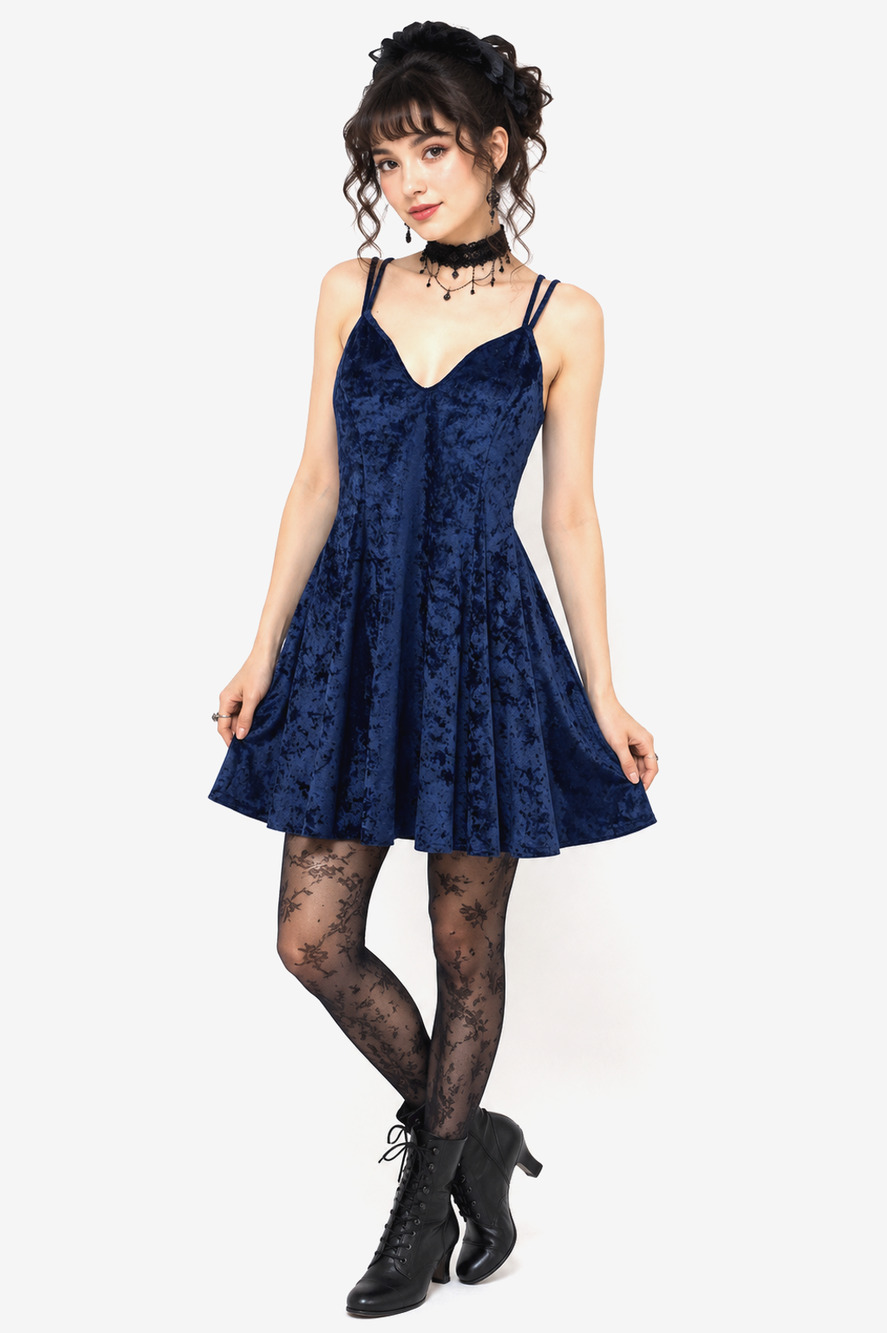 Petra Fashions Vintage 90s Y2K Navy Crushed Stretch Velvet Babydoll Dress sz L